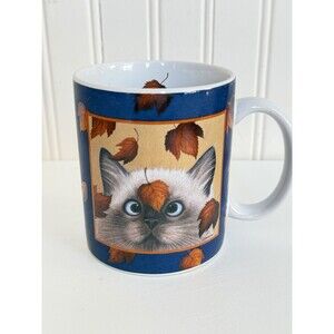 Vintage Lang & Wise Cat Fall Leaves Coffee Mug Cup Erin Martin Lowell 1996